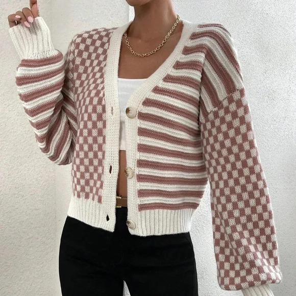 Checker Pattern Drop Shoulder Cardigan - Picture 1 of 5